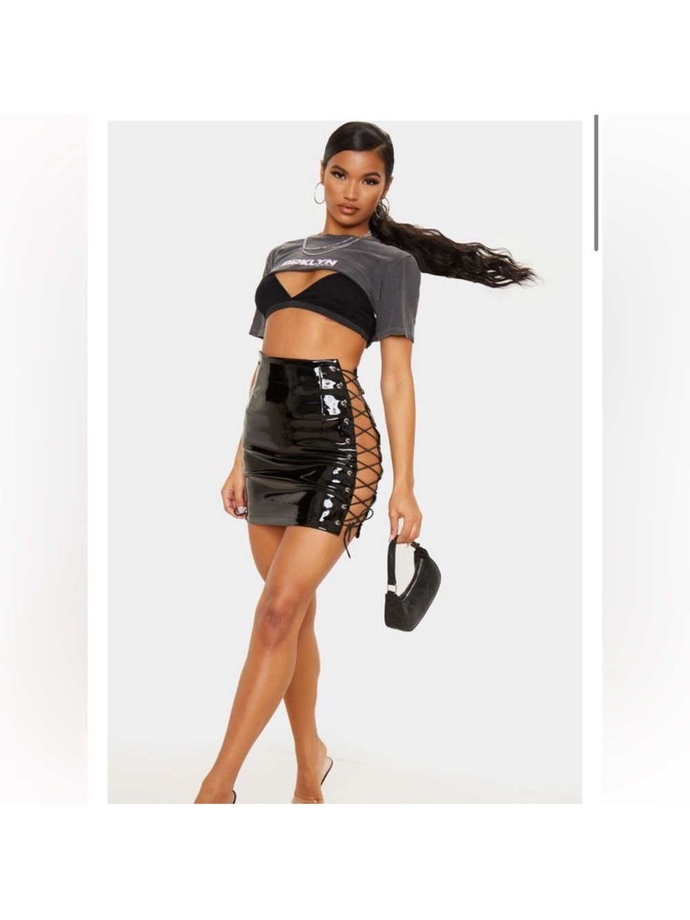 NWOT Pretty Little Thing Black Vinyl Lace Up Mini Skirt
